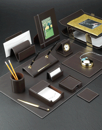 Cocoa Brown Leather Desk Pad and Accessories Set