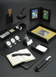 Black Leather Desk Pad Blotter Set and Accessories with Chrome-Plated Brass Accents