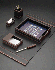Leather Wood and Black Conference Desk Set