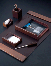 Wood and Brown 6-Piece Leather Blotter Set