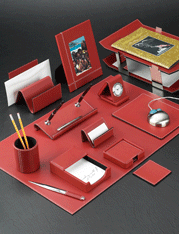 Red Stitched Leather Desk Blotter Set with Chrome-Plated Brass Accents