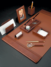 Tan Leather Desk Blotter Set with Gold Plated Brass Accents